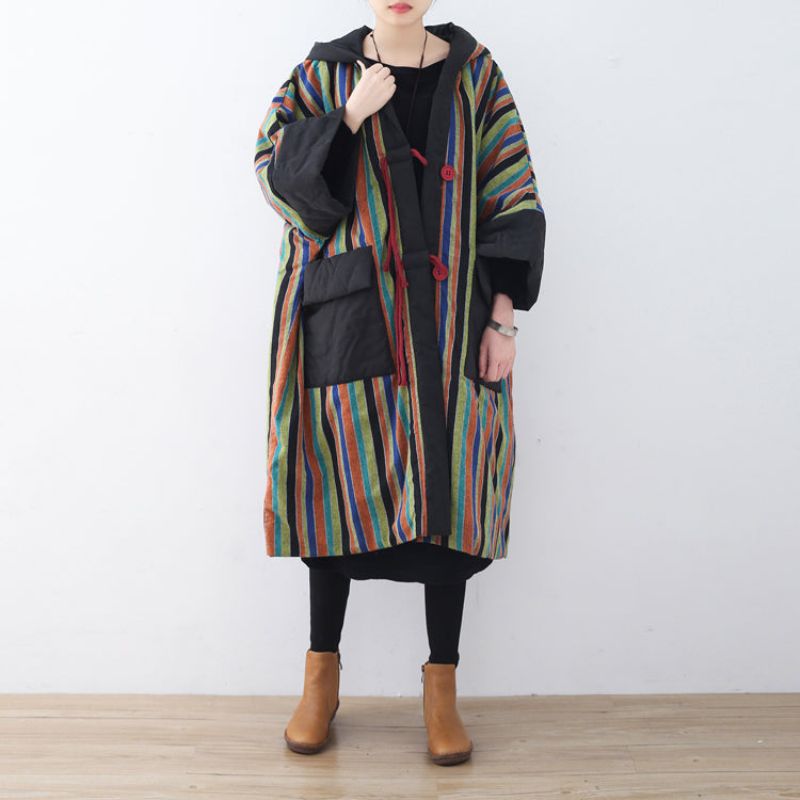 Warm Oranje Gestreepte Parka Casual Gewatteerde Jas. Capuchon - Dames donsjacks