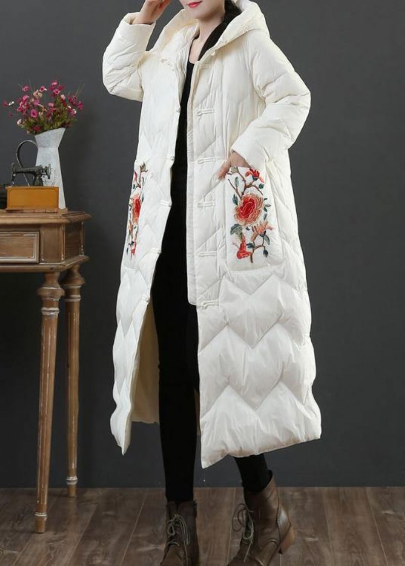Warme Plus Size Damesparka Winteroutwear Beige Eendendonsjas Met Borduursel En Capuchon - Rood