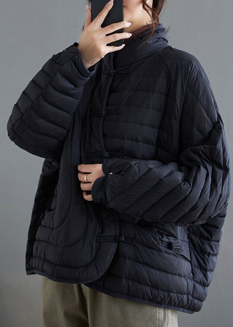 Zwart Fijn Katoen Gevuld Jasje Oversized Chinese Knoopwinter - Dames donsjacks