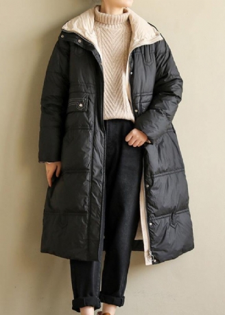 Zwarte Damesjassen Oversized Sneeuwjassen Opstaande Kraag Patchwork Winteroutwear
