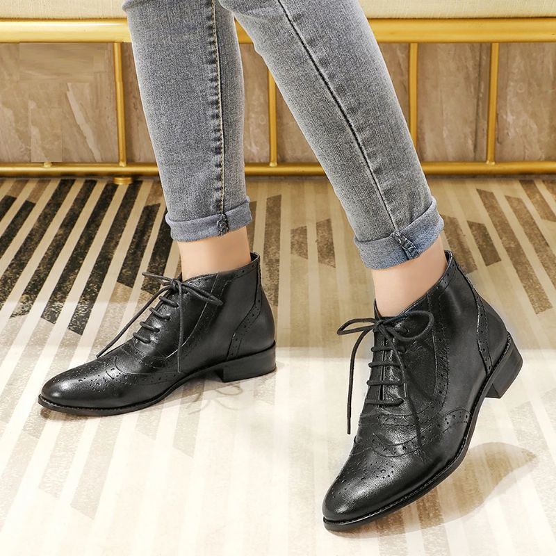 Dames Lederen Broguelaarzen En Laarsjes Oxford Schoenen - Zwart