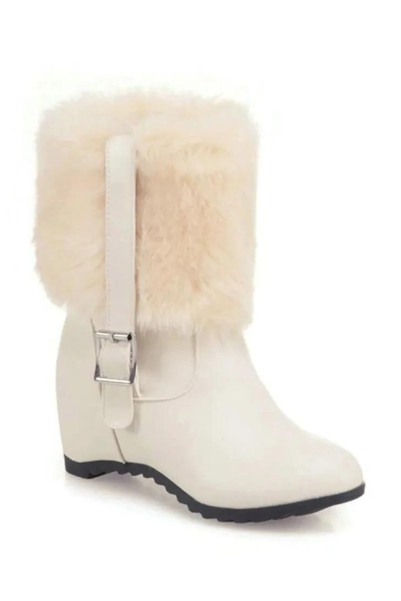 Dames Pluche Snowboots Met Riemgesp Dikke Hak Winter Warm Hoogteverhoging Trendy Platformschoenen