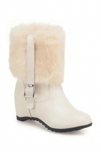 Dames Pluche Snowboots Met Riemgesp Dikke Hak Winter Warm Hoogteverhoging Trendy Platformschoenen