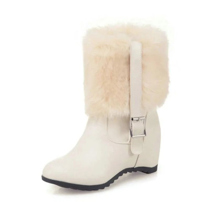 Dames Pluche Snowboots Met Riemgesp Dikke Hak Winter Warm Hoogteverhoging Trendy Platformschoenen - Beige