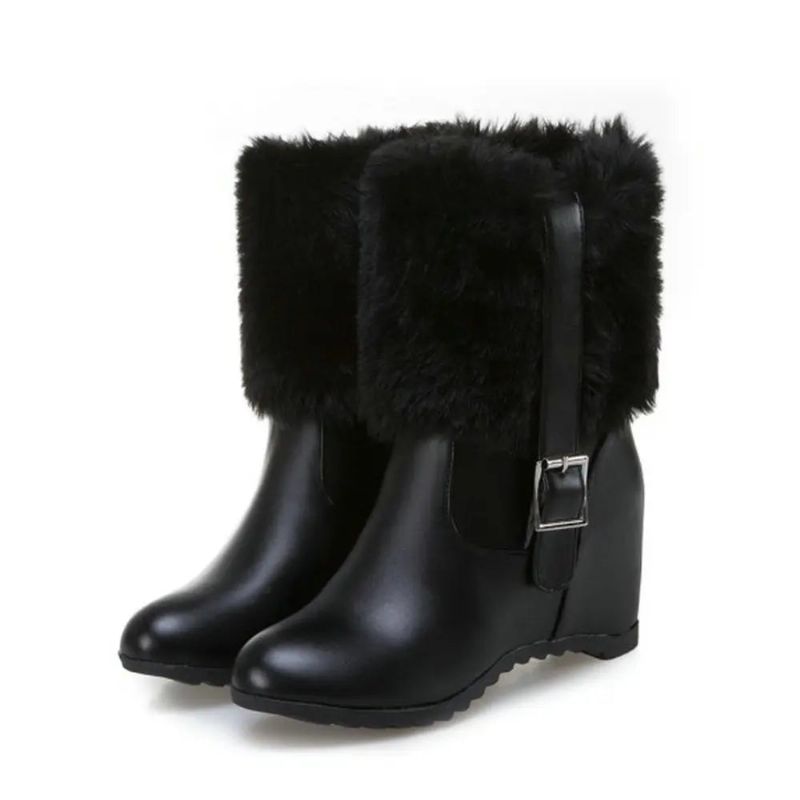 Dames Pluche Snowboots Met Riemgesp Dikke Hak Winter Warm Hoogteverhoging Trendy Platformschoenen - Beige