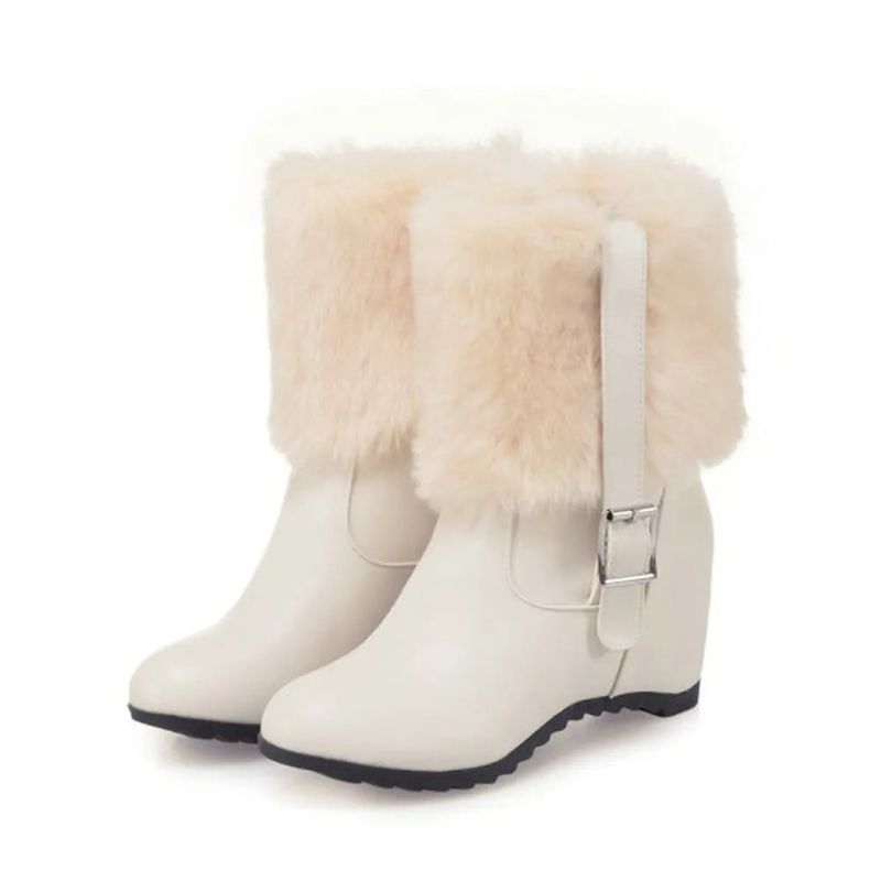 Dames Pluche Snowboots Met Riemgesp Dikke Hak Winter Warm Hoogteverhoging Trendy Platformschoenen - Beige