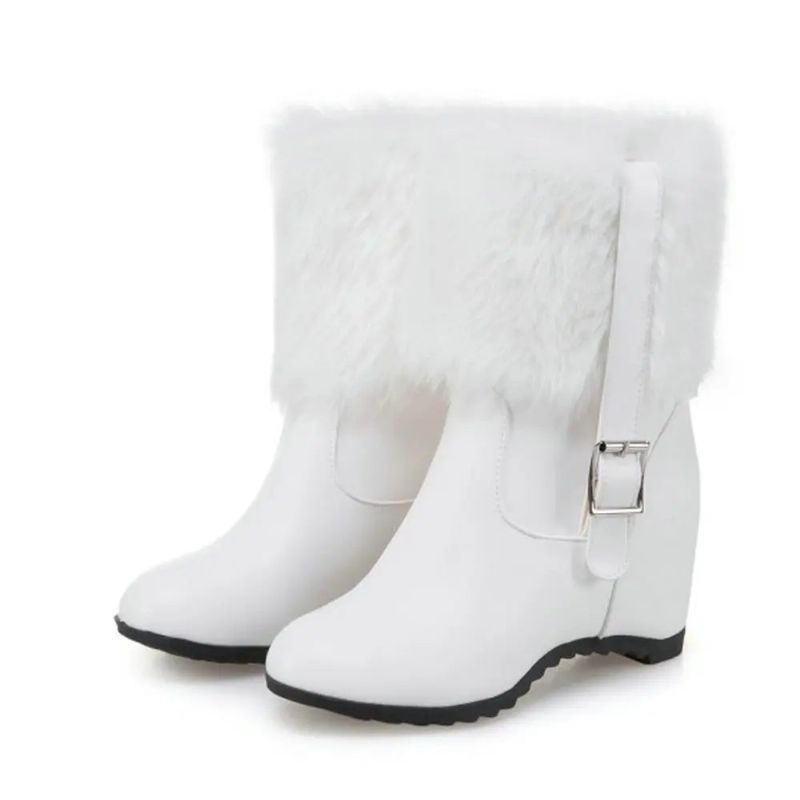 Dames Pluche Snowboots Met Riemgesp Dikke Hak Winter Warm Hoogteverhoging Trendy Platformschoenen - Beige