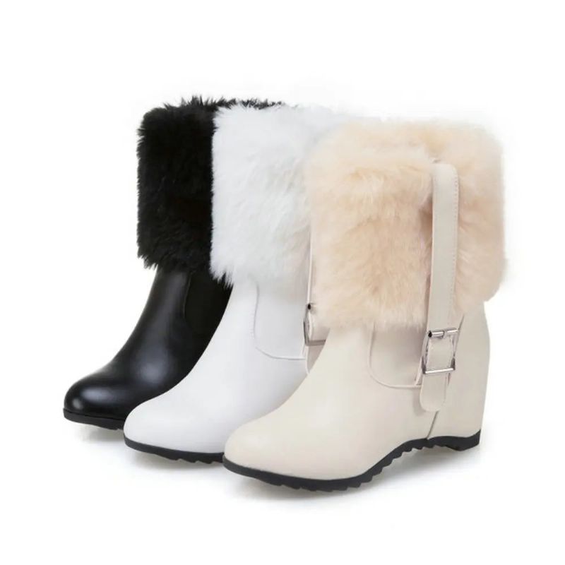 Dames Pluche Snowboots Met Riemgesp Dikke Hak Winter Warm Hoogteverhoging Trendy Platformschoenen - Beige