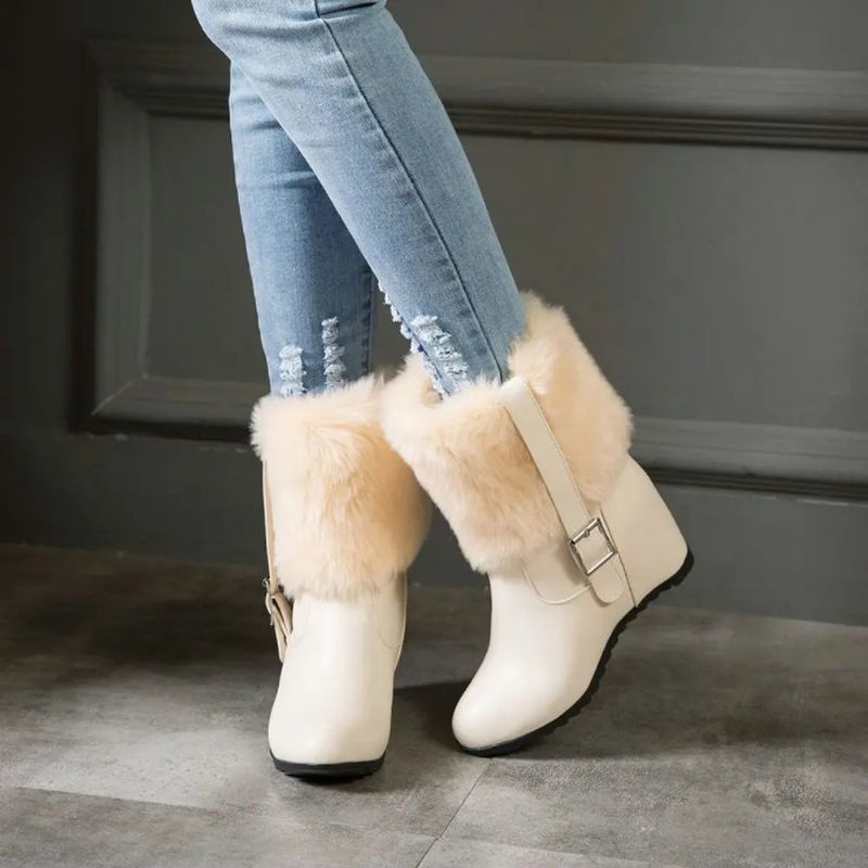 Dames Pluche Snowboots Met Riemgesp Dikke Hak Winter Warm Hoogteverhoging Trendy Platformschoenen - Beige