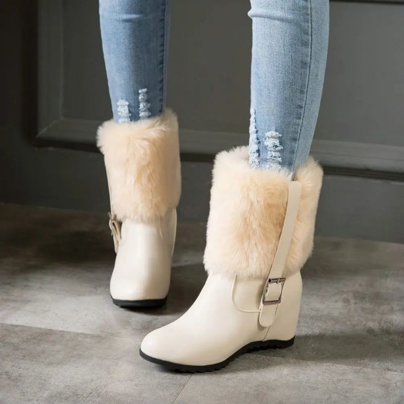 Dames Pluche Snowboots Met Riemgesp Dikke Hak Winter Warm Hoogteverhoging Trendy Platformschoenen - Beige