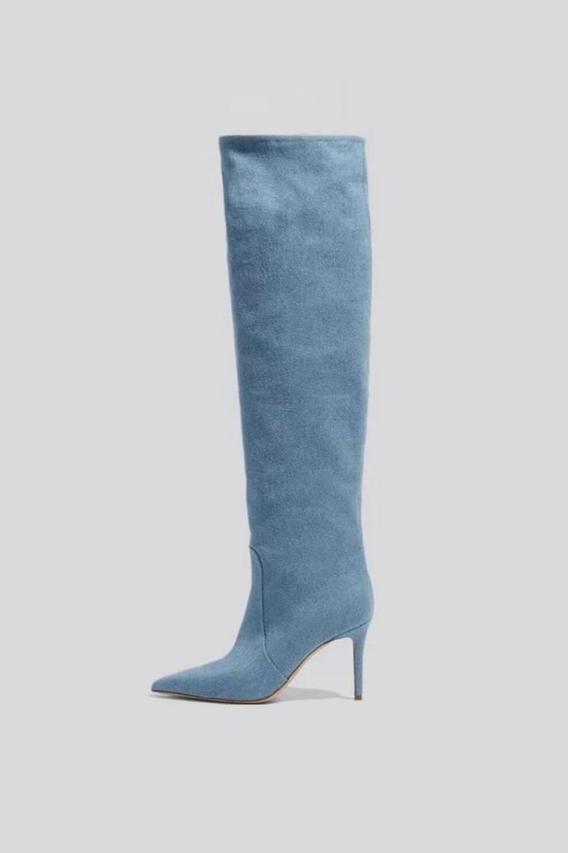 Denim Dames Kniehoge Laarzen Herfst Winter Puntige Neus Dunne Hoge Hakken