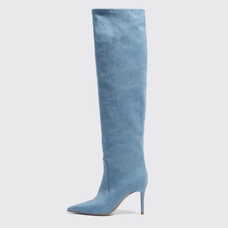 Denim Dames Kniehoge Laarzen Herfst Winter Puntige Neus Dunne Hoge Hakken - Blauw