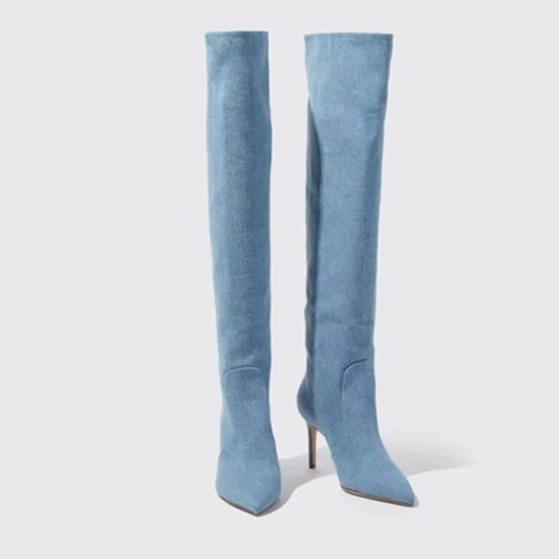 Denim Dames Kniehoge Laarzen Herfst Winter Puntige Neus Dunne Hoge Hakken - Blauw