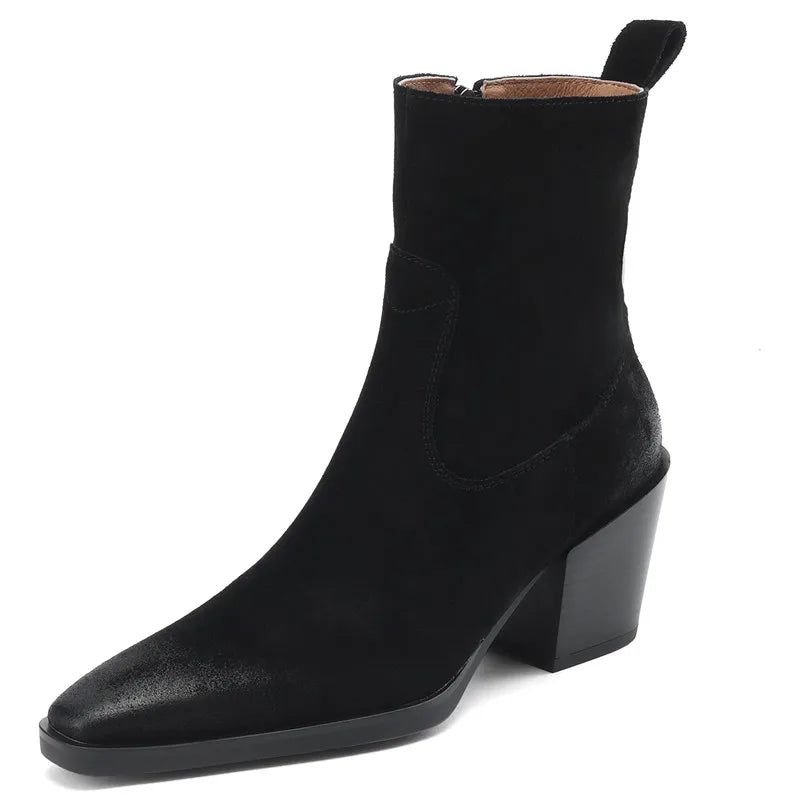 Leren Handgemaakte Enkellaarzen Vrouwelijke Vierkante Hoge Hakken Schoenen Herfstlaarzen Voor Dames - Bruin
