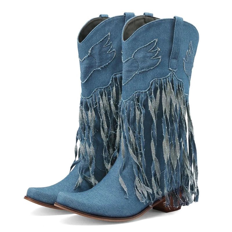 Vintage Vrouw Denim Kwast Laarzen Puntige Neus Retro Kuit Hoge Dames Hakken Schoenen Geborduurde - Blauw