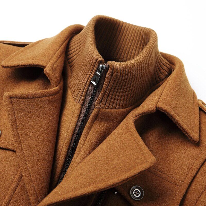 Heren Winter Warme Wollen Jassen Dikker Casual Slim Fit Lange Sectie Windjack Trench Pea Coat - Zwart