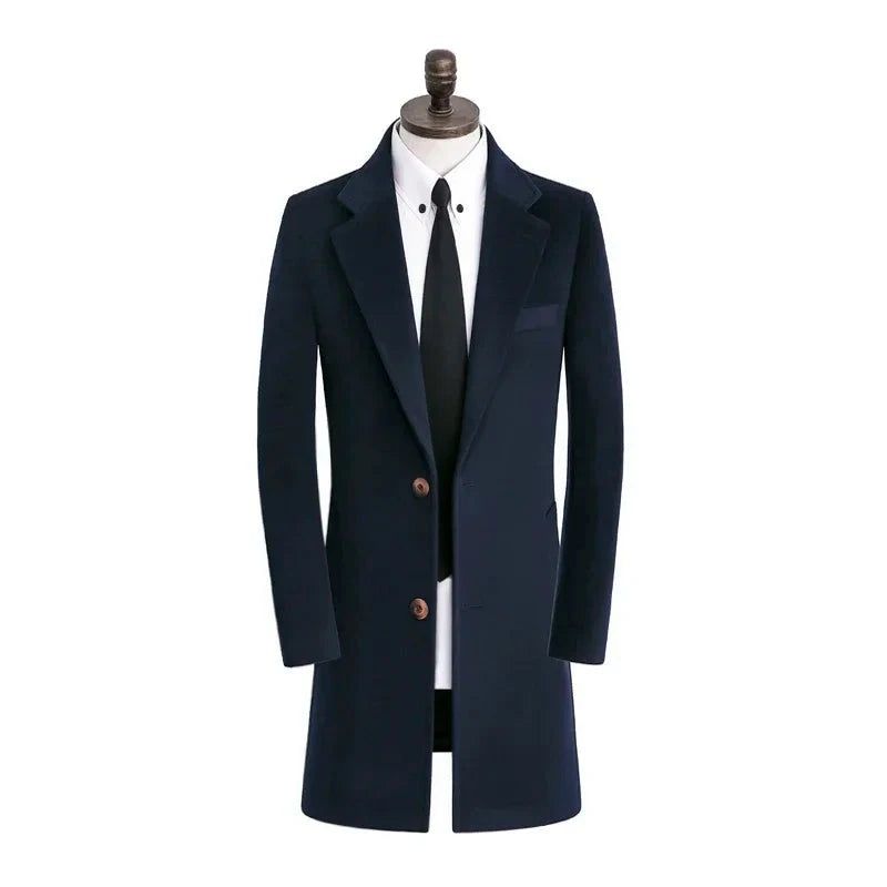 Heren Wollen Jas Dubbelzijdig Fleece Pak Warm Windjack Casual Enkele Rij Knopen Dik - Blauw