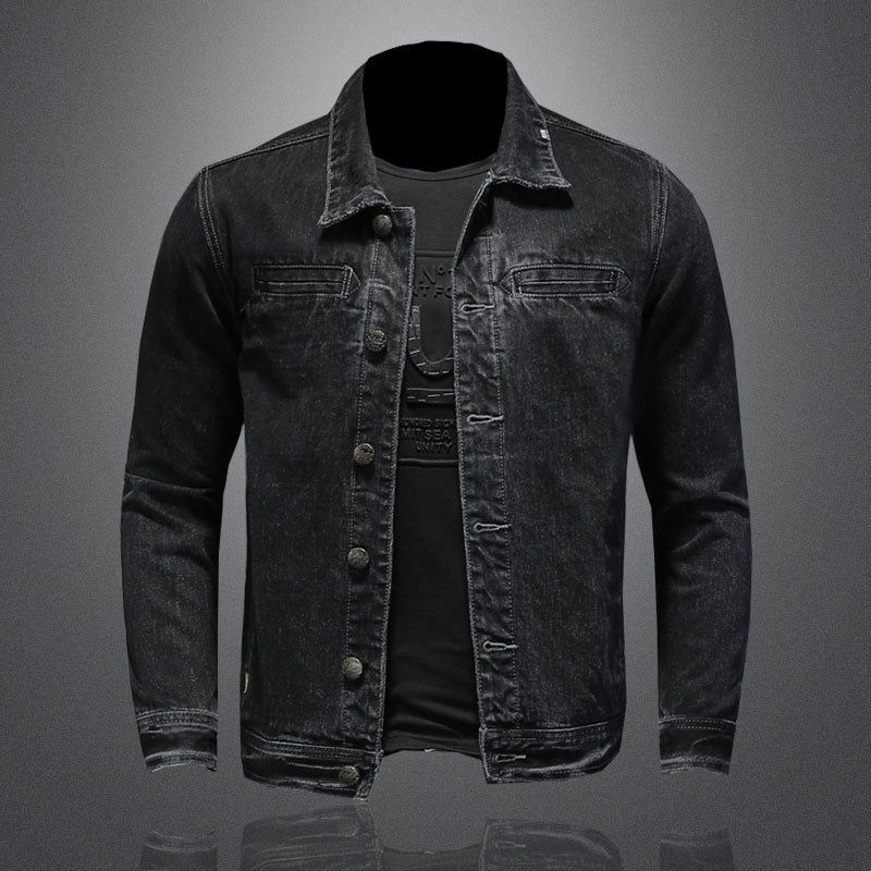 Jeansjasje Mannen Denim Jas Herfst Bomber Motorcycle Eenvoud Casual Revers Lange Mouw Slanke Zwarte Cowboy Kleding - Zwart