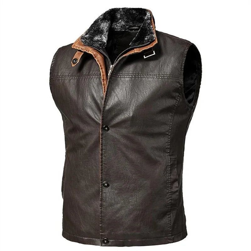 Leren Herenvesten Casual Retro-jas Herfst Winter Bovenkleding Dikke Mannelijke Jas - Bruin