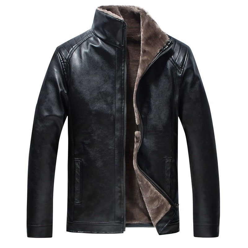 Leren Jas Heren Winterfleece Dikke Motorfiets Winddichte Warme Jas Herenkleding - Zwart