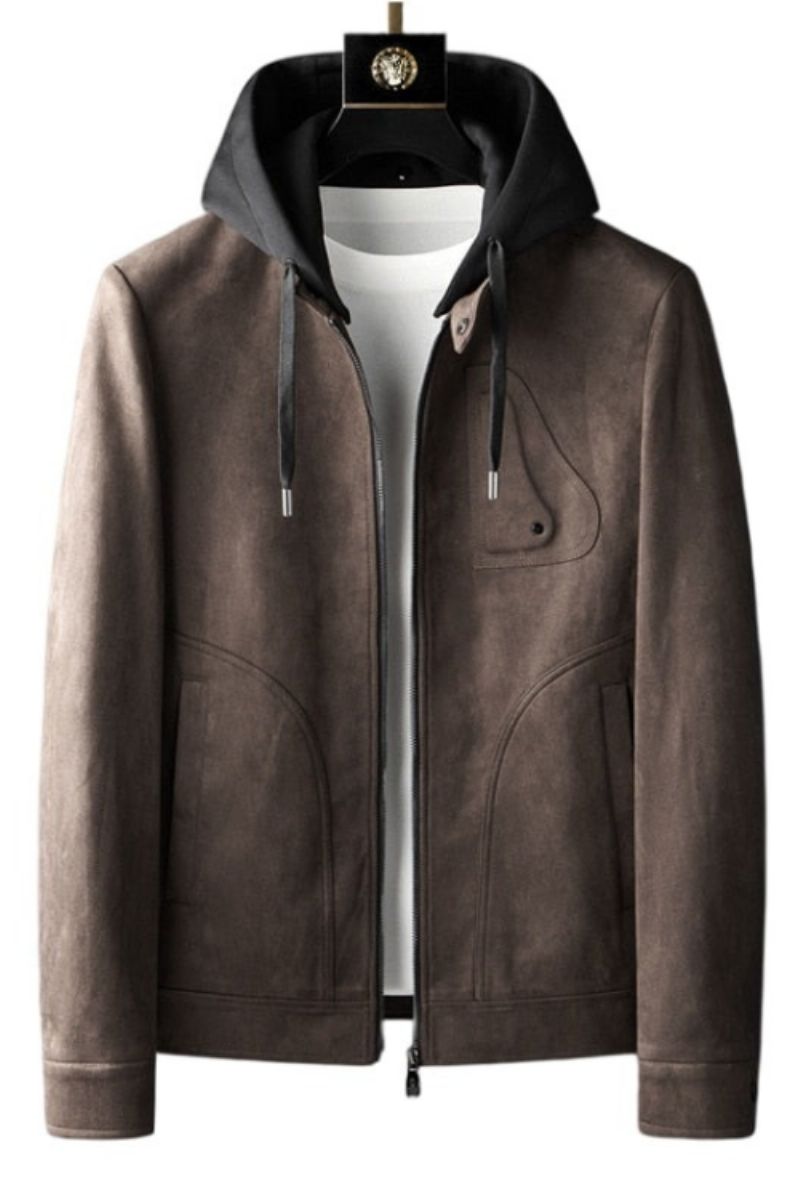 Luxe Herenjassen Met Capuchon Elastische Lente Casual Suède Wollen Jassen Herenmotorkleding Streetwear