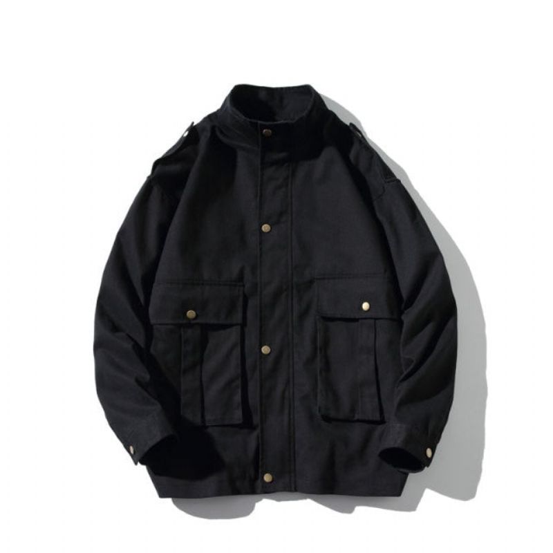 Mannen Streetwear Multi-pocket Cargojack Herfst Heren Katoenen Jas Casual Overalls Mannelijke Jas - Zwart