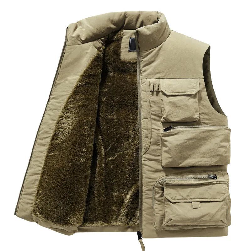 Mannen Winter Mouwloos Jasvest Dikke Warme Fleece Werkkleding Cargovest Windjack Mode Veel Zakjas Heren - Zwart