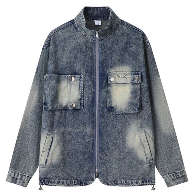 Vintage Cargo Denim Jasje Multi Zip-up Blue Jeans Jas Heren Oversized Hip Hop Streetwear Jas - Blauw