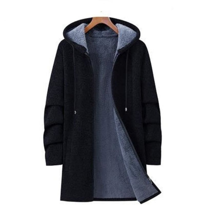 Winter Heren Parka Overjas Met Capuchon Dikker Warme Mannelijke Zachte Kleding Fleece Trui - Zwart