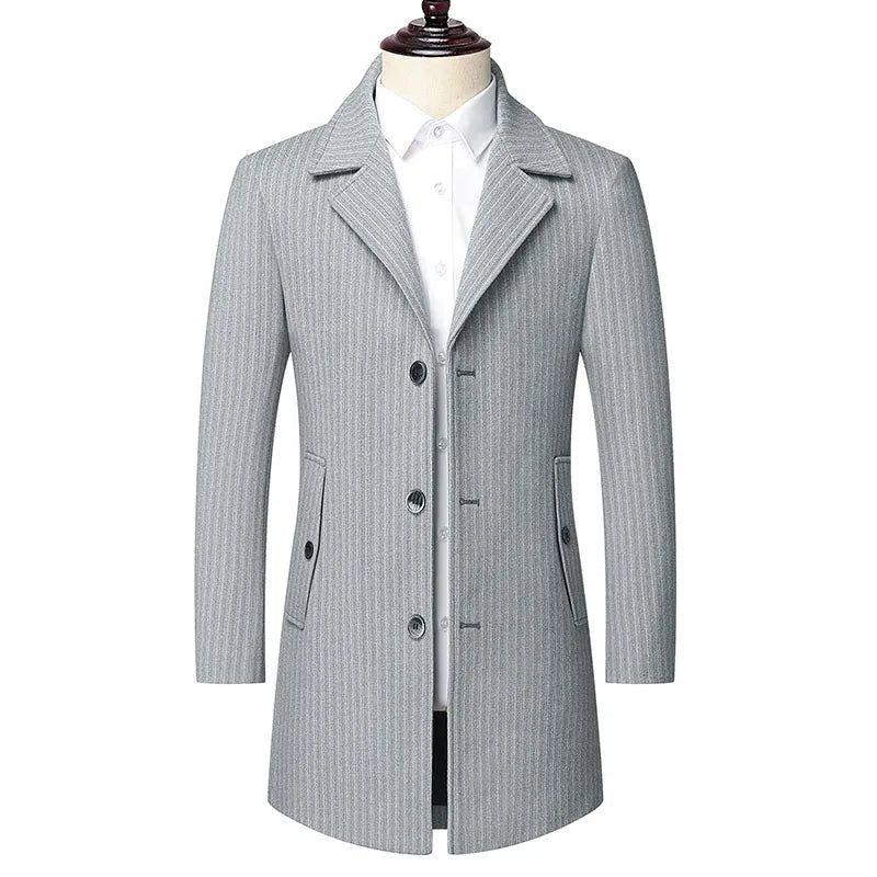 Winterkostuum Voor Heren Middellange Tweedjas Business Casual Gestreepte - Lichtgrijs