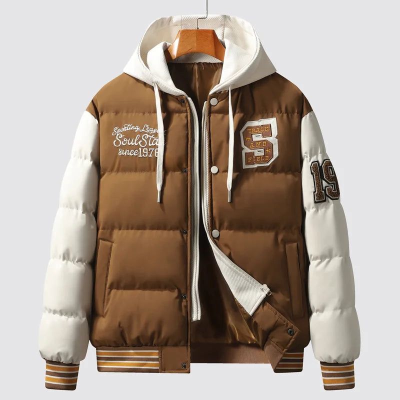 Winterwarm Met Katoen Gewatteerd Varsity-jack Verdikt American Street-katoenen Jack Met Capuchon Heren - Zwart
