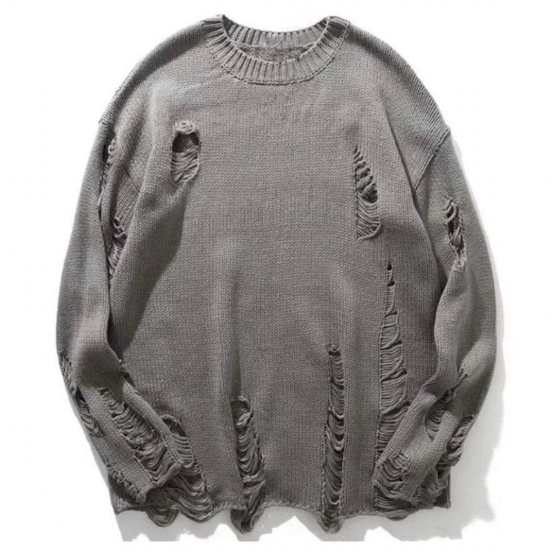 Heren Gat Knitwear Losse Retro Eenvoudige Ronde Hals Pullover Mannelijke Streetwear Casual Effen - Grijs