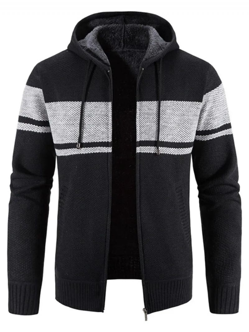 Heren Gebreide Trui Jassen Herfst En Winter Gestreepte Fleece Met Capuchon Dikker Warm Houden Vest - Zwart