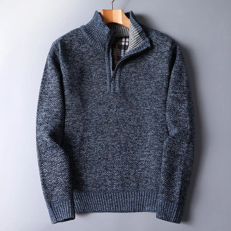 Herfst Winter Dikker Warme Trui Heren Stand Kraag Mannelijke Rits Slanke Truien - Blauw