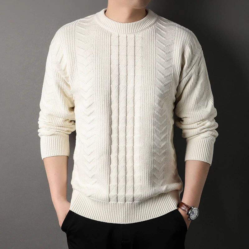 Herfst Winter Gebreide Casual Trui Voor Heren Ronde Hals Twists Weven Warme - Wit