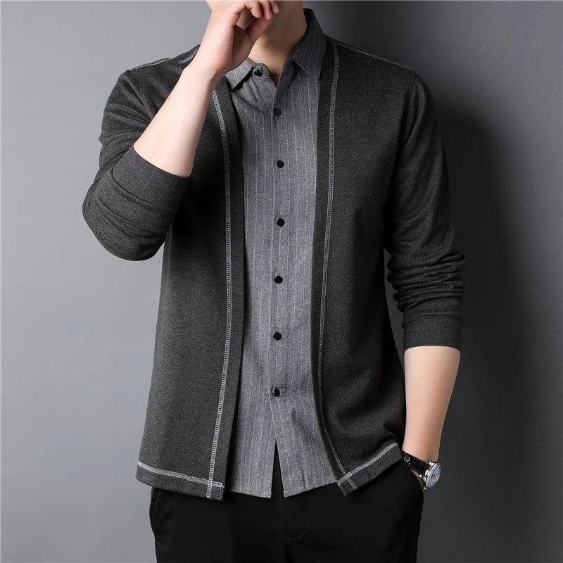 Lente En Herfst Heren Trui Smart Casual Shirts Gebreide Met Vierkante Kraag - Zwart