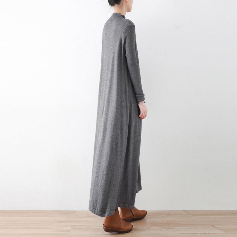 2024 Winter Grijze Gebreide Maxi-jurken Elegante Warme Wollen Jurken Kaftans Jurk - Dames wollen jassen