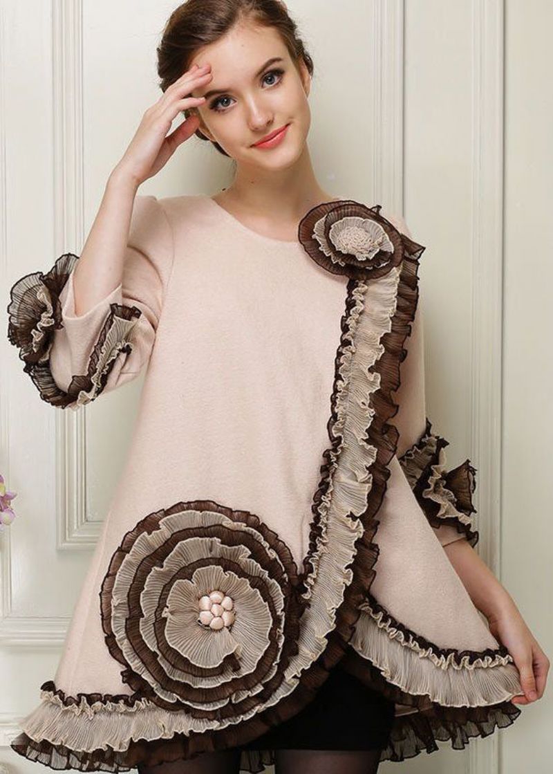 Abrikoos Patchwork Bloemen Wollen Jassen Verstoorde Nagel Kraal Lente - Dames wollen jassen