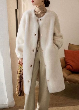 Beige Zakken Patchwork Wol Uitloper O-hals Knop Winter