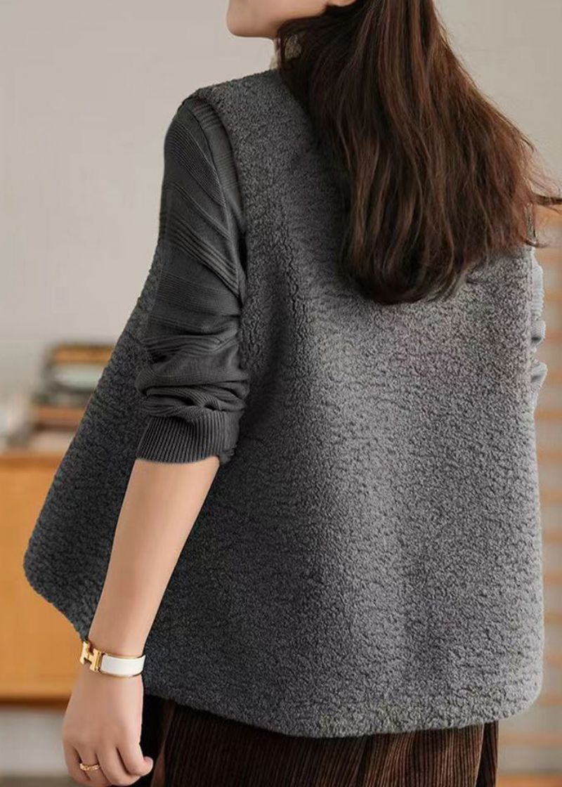 Boho Grijs V-hals Chinese Knoop Patchwork Wollen Vest Zonder Mouwen - Dames wollen jassen