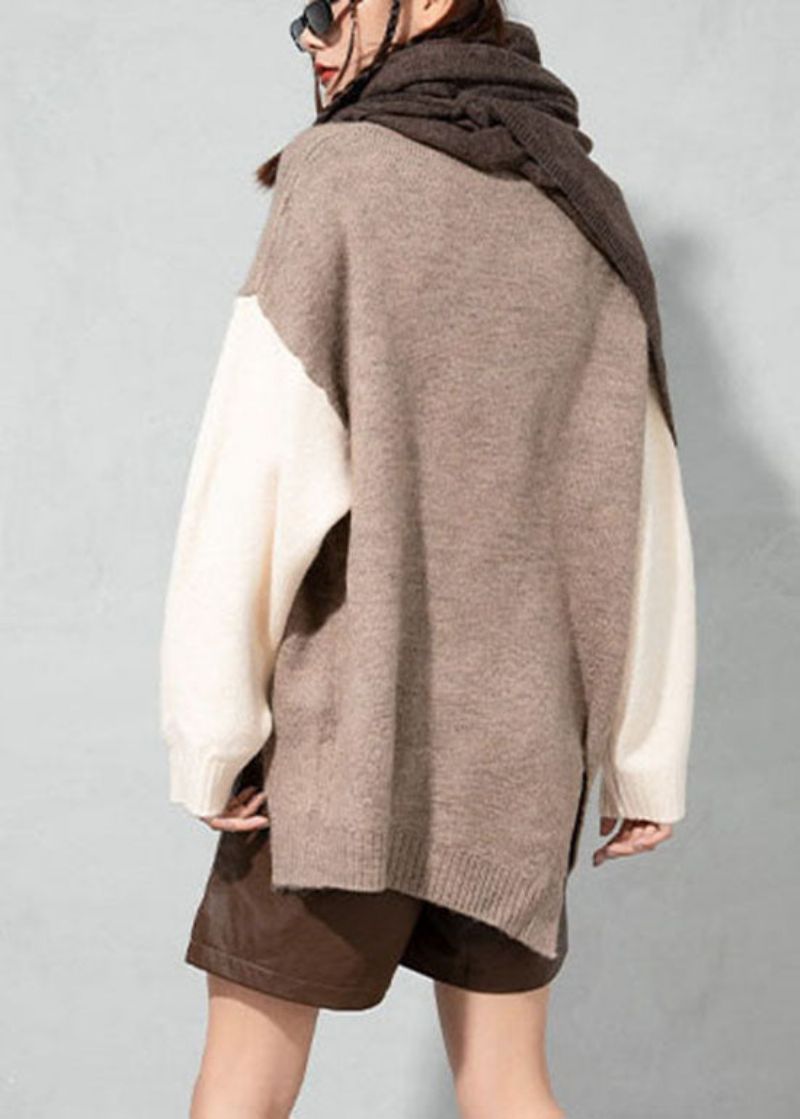 Boutique Abrikoos O-hals Asymmetrische Dikke Patchwork Wollen Trui Tops Lente - Dames wollen jassen