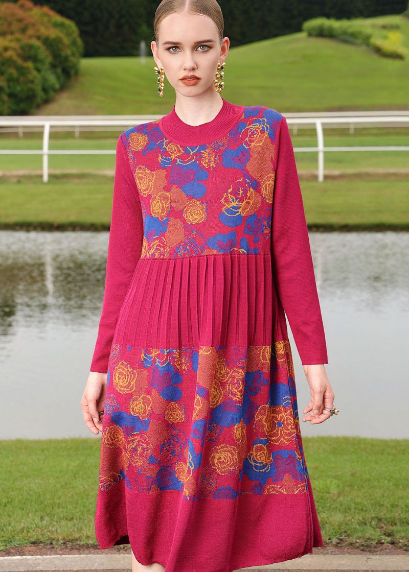 Boutique Mulberry O-hals Print Gerimpelde Wollen Gebreide Trui Lange Jurk Herfst - Dames wollen jassen