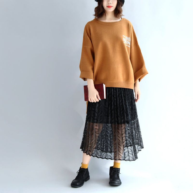 Bruine Oversized Wollen Sweattops Warme Winter Korte T-shirts - Zwart Wit