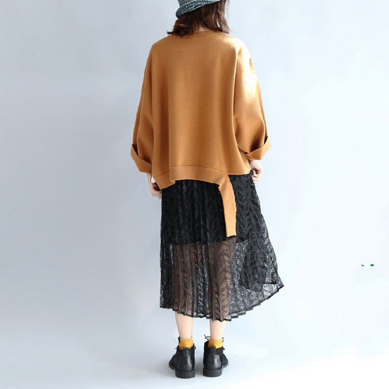 Bruine Oversized Wollen Sweattops Warme Winter Korte T-shirts - Zwart Wit