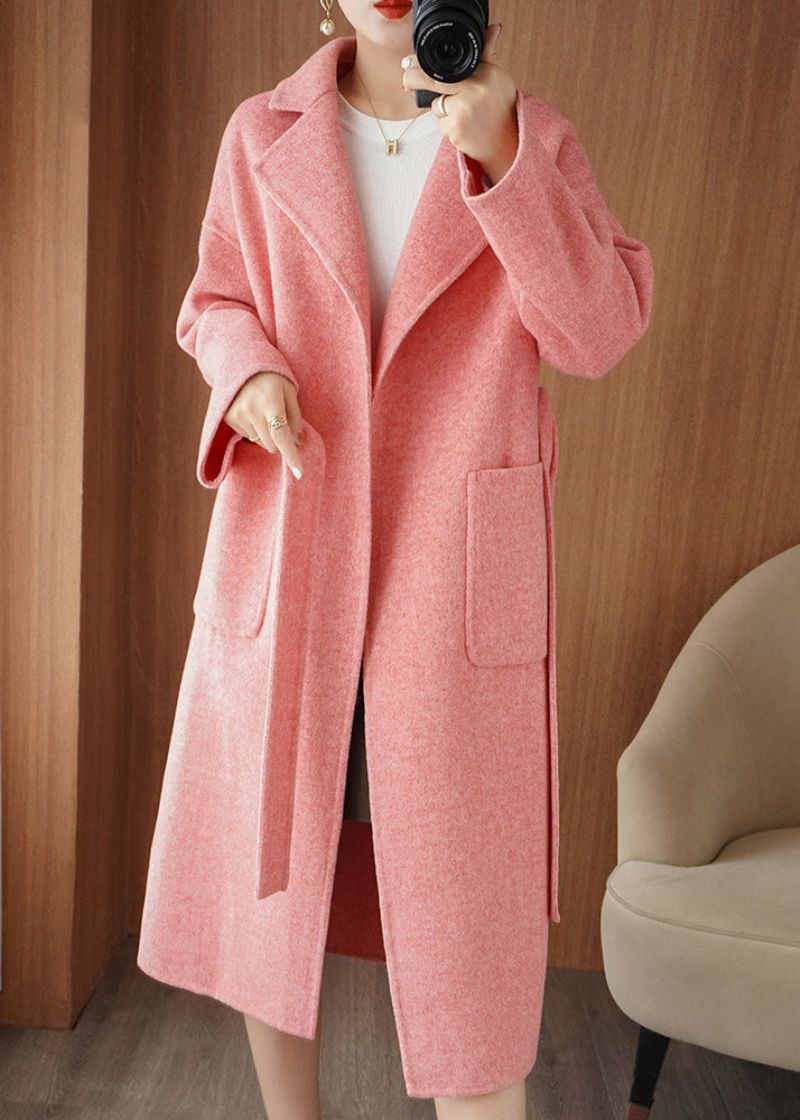 Chique Roze Wollen Maxi-jas Met Gekerfde Taille En Herfst - Dames wollen jassen