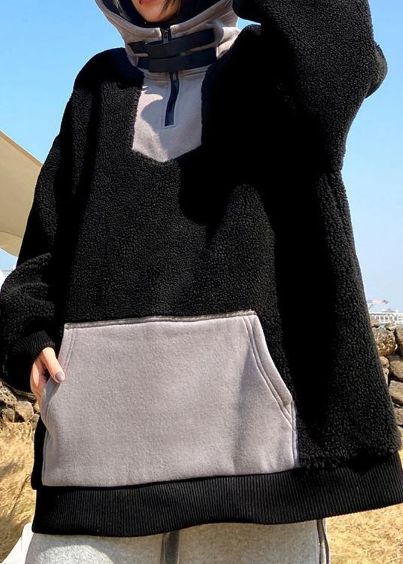 Dames Lentekleding Met Capuchon En Ritssluiting Zwarte Donzige Wollen Tops - Dames wollen jassen