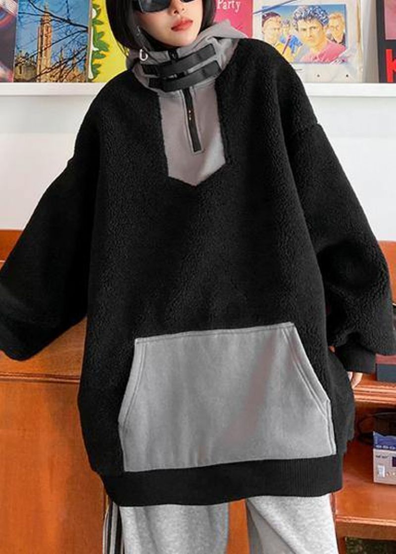 Dames Lentekleding Met Capuchon En Ritssluiting Zwarte Donzige Wollen Tops - Dames wollen jassen