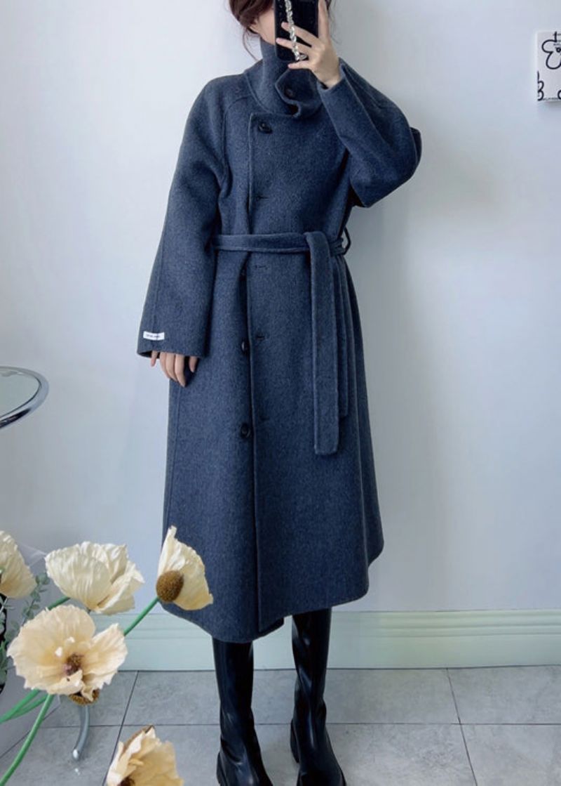 Elegante Donkergrijze Wollen Jas Met Opstaande Kraag En Strikceintuur Winter - Dames wollen jassen