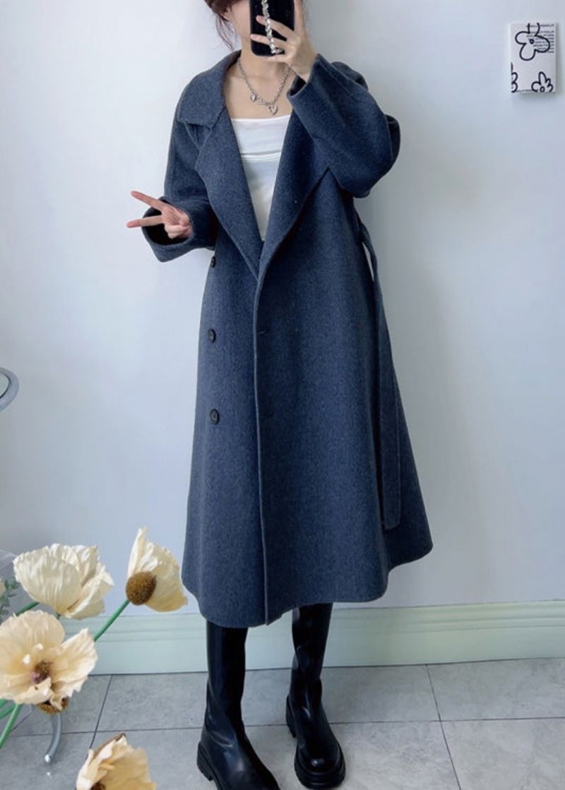 Elegante Donkergrijze Wollen Jas Met Opstaande Kraag En Strikceintuur Winter - Dames wollen jassen