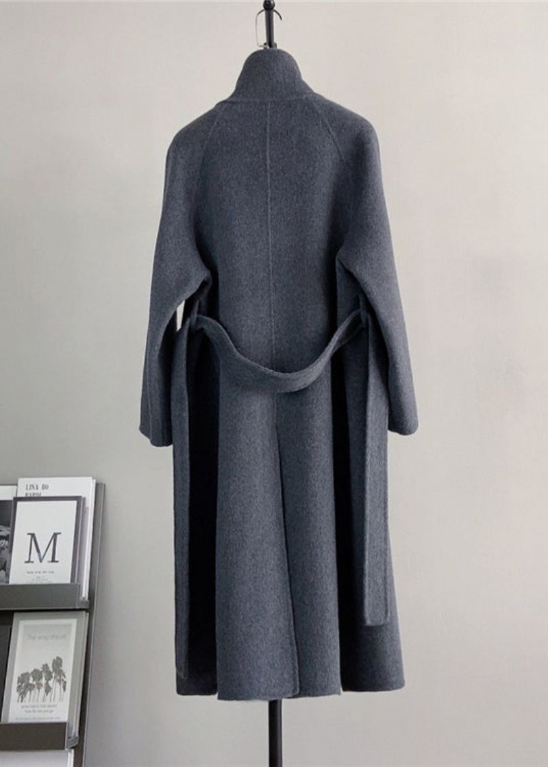 Elegante Donkergrijze Wollen Jas Met Opstaande Kraag En Strikceintuur Winter - Dames wollen jassen